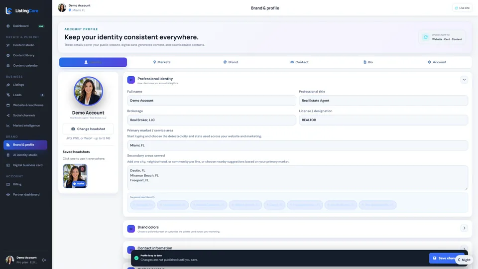ListingCore brand and profile workspace
