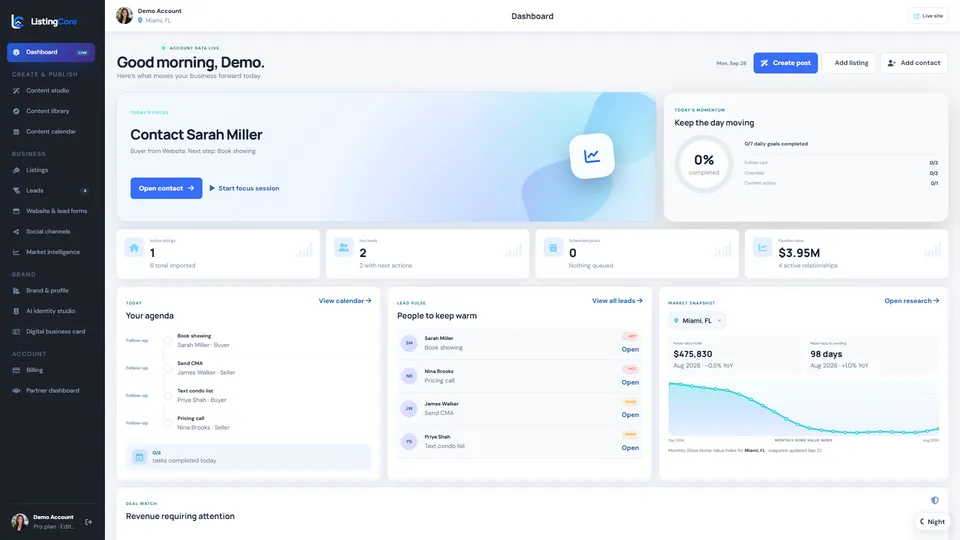 ListingCore command center demo workspace