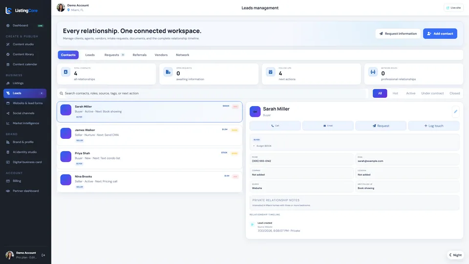 ListingCore lead management workspace