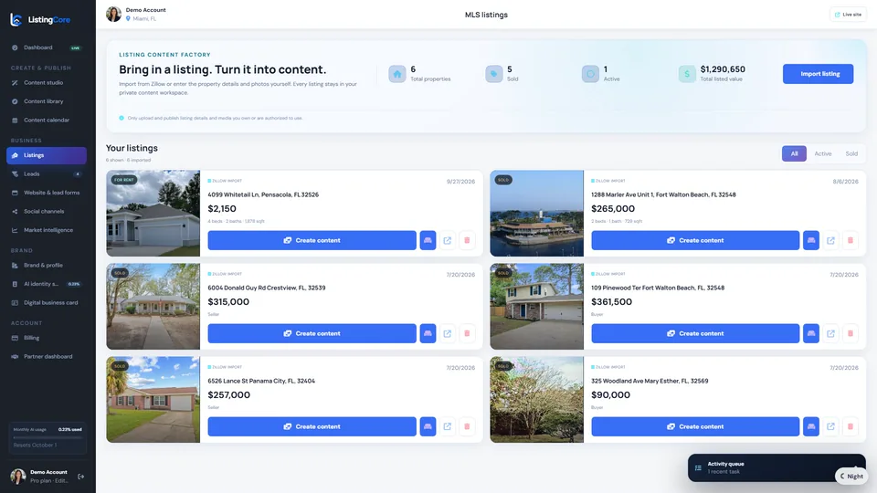ListingCore listing workspace with imported properties