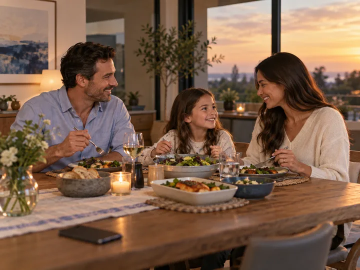 A real estate professional enjoying an early dinner at home