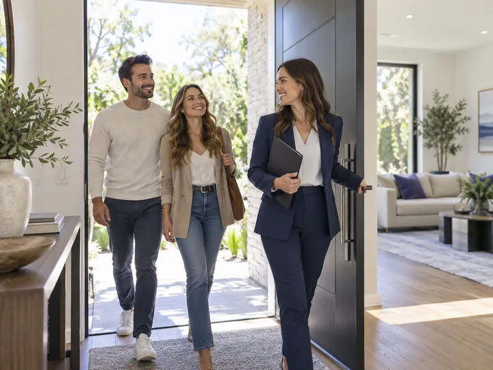 A real estate agent welcoming clients into a home